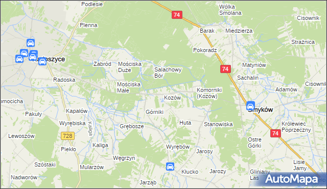 mapa Kozów gmina Smyków, Kozów gmina Smyków na mapie Targeo