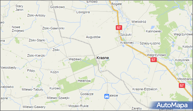 mapa Krasne powiat przasnyski, Krasne powiat przasnyski na mapie Targeo