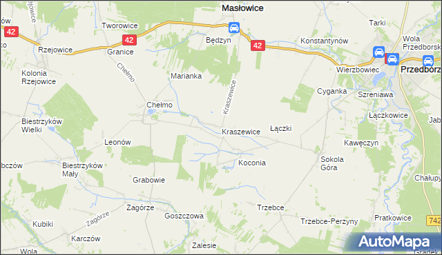 mapa Kraszewice gmina Masłowice, Kraszewice gmina Masłowice na mapie Targeo