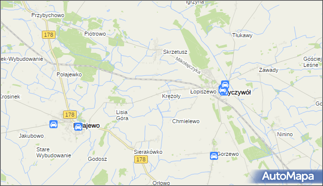 mapa Krężoły gmina Ryczywół, Krężoły gmina Ryczywół na mapie Targeo