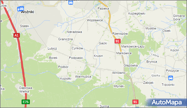 mapa Krusin gmina Koziegłowy, Krusin gmina Koziegłowy na mapie Targeo
