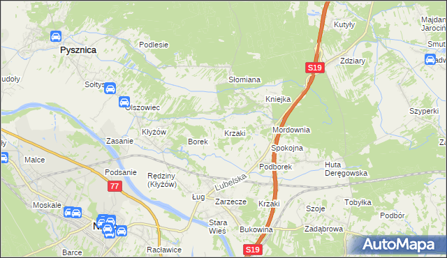mapa Krzaki gmina Pysznica, Krzaki gmina Pysznica na mapie Targeo
