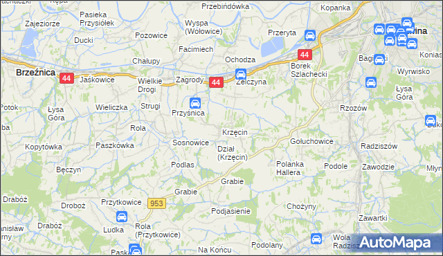 mapa Krzęcin gmina Skawina, Krzęcin gmina Skawina na mapie Targeo
