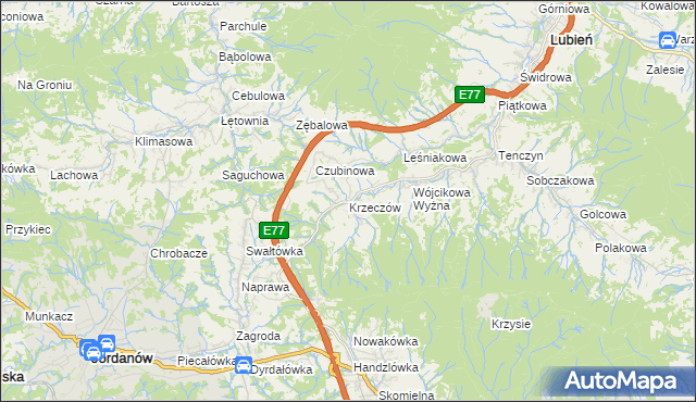 mapa Krzeczów gmina Lubień, Krzeczów gmina Lubień na mapie Targeo