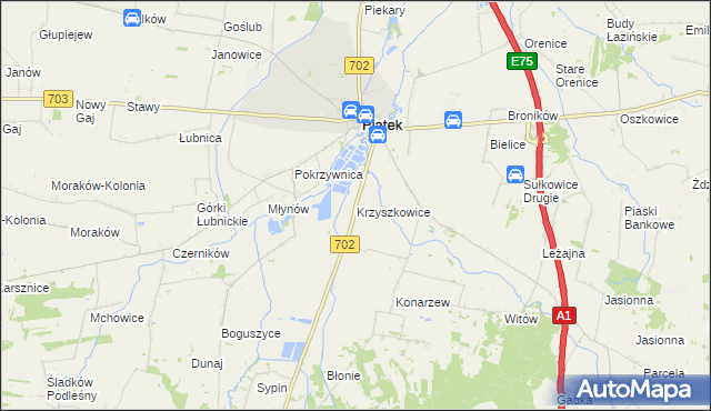 mapa Krzyszkowice gmina Piątek, Krzyszkowice gmina Piątek na mapie Targeo