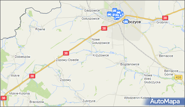 mapa Krzyżowice gmina Głubczyce, Krzyżowice gmina Głubczyce na mapie Targeo