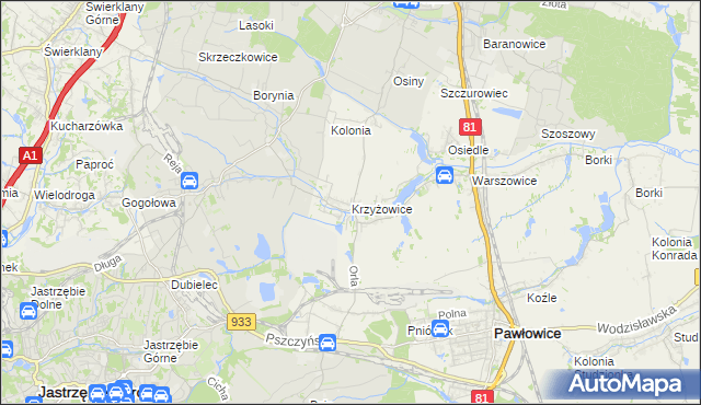mapa Krzyżowice gmina Pawłowice, Krzyżowice gmina Pawłowice na mapie Targeo