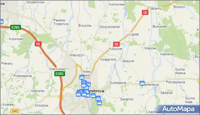mapa Księginice gmina Trzebnica, Księginice gmina Trzebnica na mapie Targeo