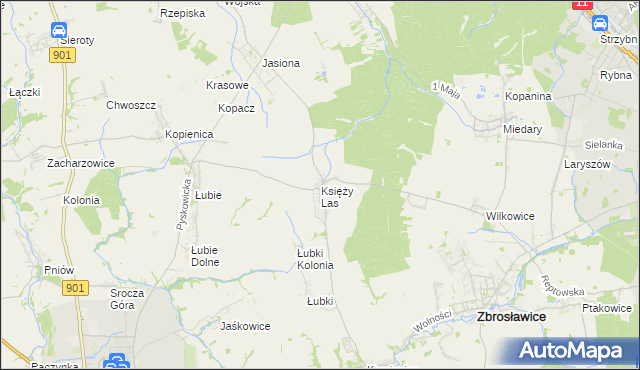 mapa Księży Las gmina Zbrosławice, Księży Las gmina Zbrosławice na mapie Targeo