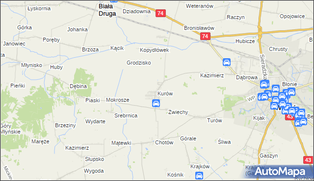 mapa Kurów gmina Wieluń, Kurów gmina Wieluń na mapie Targeo