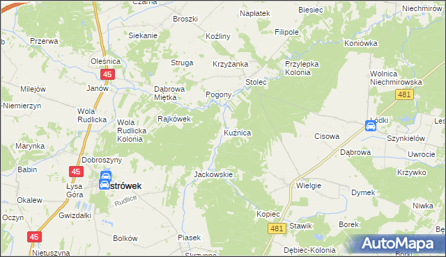 mapa Kuźnica gmina Ostrówek, Kuźnica gmina Ostrówek na mapie Targeo