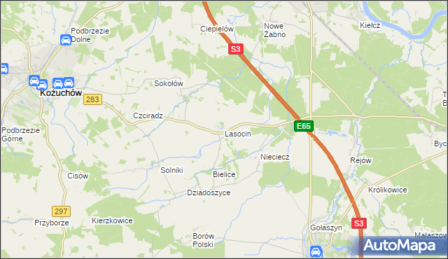 mapa Lasocin gmina Kożuchów, Lasocin gmina Kożuchów na mapie Targeo