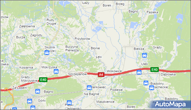 mapa Łęki gmina Borzęcin, Łęki gmina Borzęcin na mapie Targeo