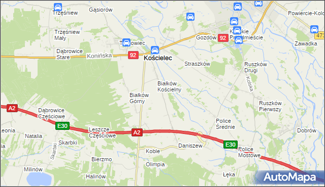 mapa Leszcze gmina Kościelec, Leszcze gmina Kościelec na mapie Targeo