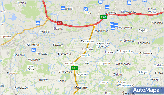 mapa Libertów gmina Mogilany, Libertów gmina Mogilany na mapie Targeo