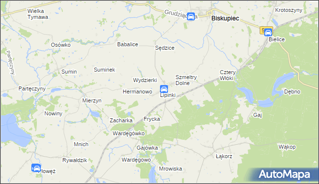 mapa Lipinki gmina Biskupiec, Lipinki gmina Biskupiec na mapie Targeo