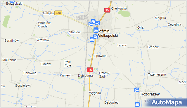 mapa Lipowiec gmina Koźmin Wielkopolski, Lipowiec gmina Koźmin Wielkopolski na mapie Targeo