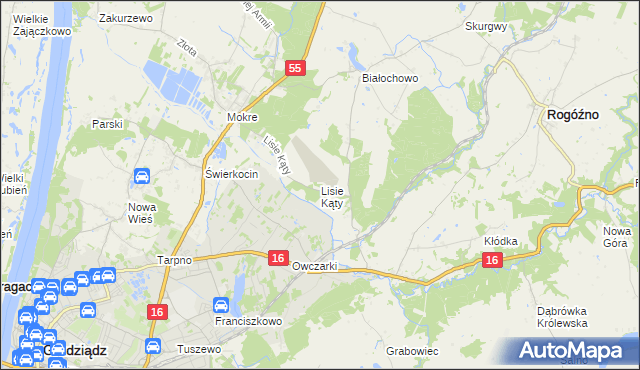 mapa Lisie Kąty gmina Grudziądz, Lisie Kąty gmina Grudziądz na mapie Targeo