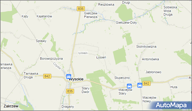 mapa Łosień gmina Wysokie, Łosień gmina Wysokie na mapie Targeo