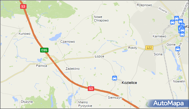 mapa Łozice gmina Kozielice, Łozice gmina Kozielice na mapie Targeo