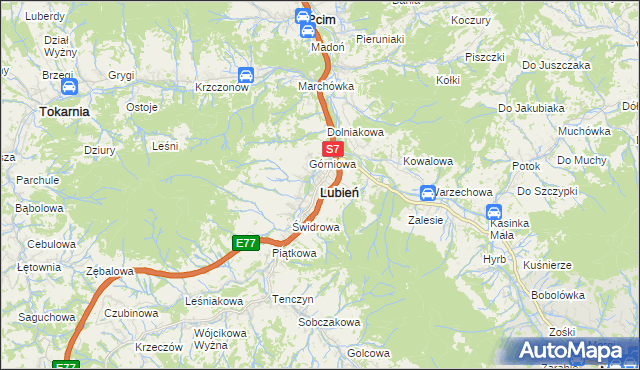 mapa Lubień powiat myślenicki, Lubień powiat myślenicki na mapie Targeo