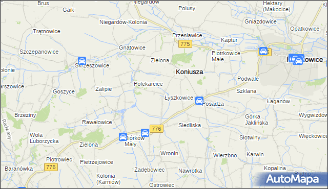 mapa Łyszkowice gmina Koniusza, Łyszkowice gmina Koniusza na mapie Targeo