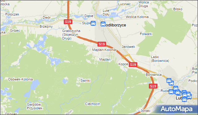 mapa Majdan gmina Modliborzyce, Majdan gmina Modliborzyce na mapie Targeo