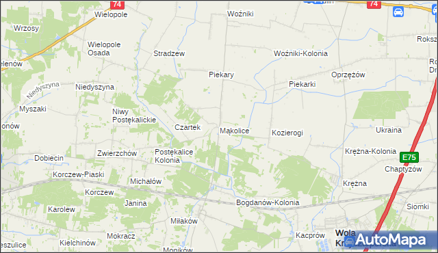 mapa Mąkolice gmina Wola Krzysztoporska, Mąkolice gmina Wola Krzysztoporska na mapie Targeo