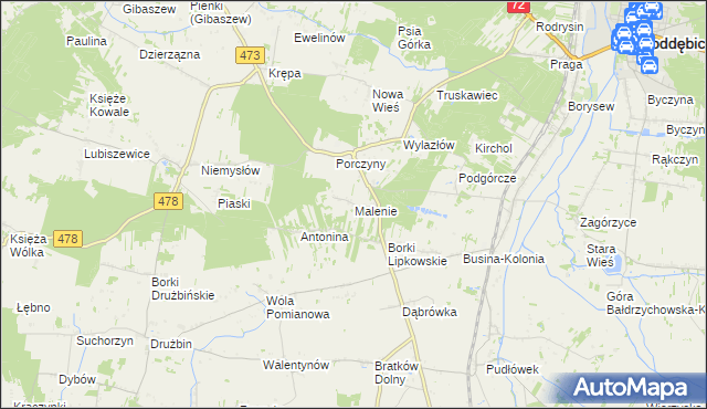 mapa Malenie gmina Poddębice, Malenie gmina Poddębice na mapie Targeo