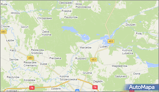 mapa Marcelów gmina Szczerców, Marcelów gmina Szczerców na mapie Targeo