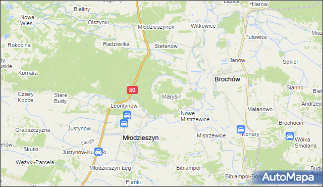 mapa Marysin gmina Młodzieszyn, Marysin gmina Młodzieszyn na mapie Targeo