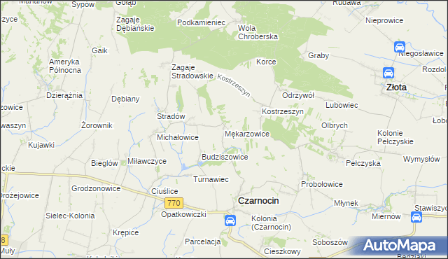 mapa Mękarzowice gmina Czarnocin, Mękarzowice gmina Czarnocin na mapie Targeo