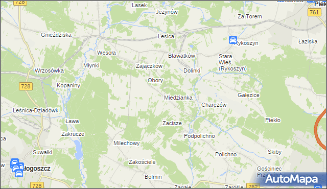 mapa Miedzianka gmina Chęciny, Miedzianka gmina Chęciny na mapie Targeo