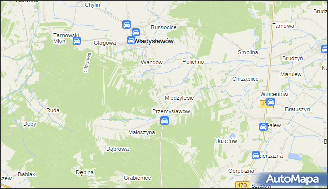 mapa Międzylesie gmina Władysławów, Międzylesie gmina Władysławów na mapie Targeo