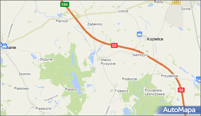 mapa Mielno Pyrzyckie, Mielno Pyrzyckie na mapie Targeo