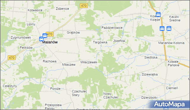 mapa Miłaczewskie Młyny, Miłaczewskie Młyny na mapie Targeo