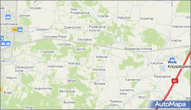 mapa Miłaków gmina Wola Krzysztoporska, Miłaków gmina Wola Krzysztoporska na mapie Targeo