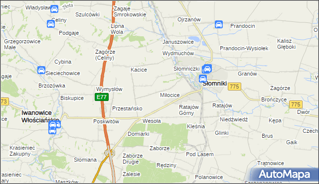 mapa Miłocice gmina Słomniki, Miłocice gmina Słomniki na mapie Targeo