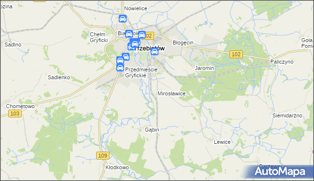 mapa Mirosławice gmina Trzebiatów, Mirosławice gmina Trzebiatów na mapie Targeo