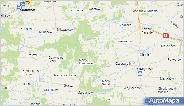 mapa Młodzianów gmina Kawęczyn, Młodzianów gmina Kawęczyn na mapie Targeo