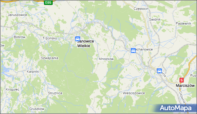 mapa Mniszków gmina Janowice Wielkie, Mniszków gmina Janowice Wielkie na mapie Targeo