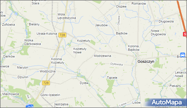 mapa Modrzewina gmina Goszczyn, Modrzewina gmina Goszczyn na mapie Targeo