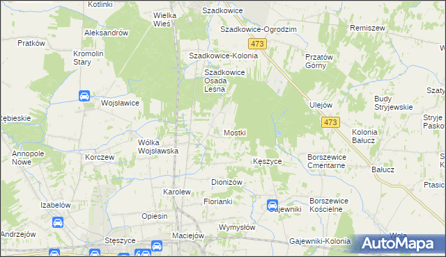 mapa Mostki gmina Zduńska Wola, Mostki gmina Zduńska Wola na mapie Targeo