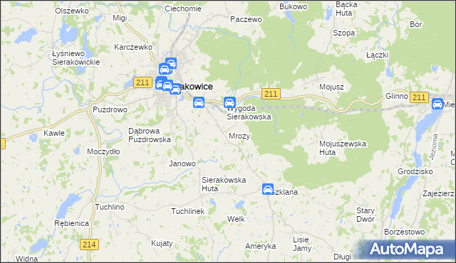 mapa Mrozy gmina Sierakowice, Mrozy gmina Sierakowice na mapie Targeo