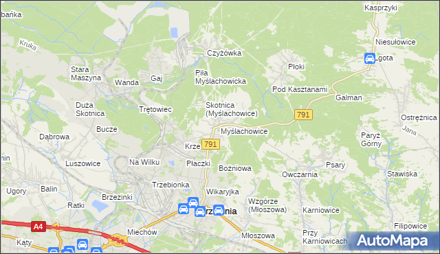 mapa Myślachowice, Myślachowice na mapie Targeo