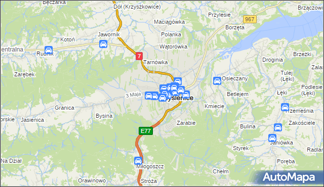 mapa Myślenice, Myślenice na mapie Targeo