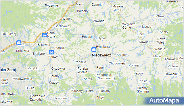 mapa Niedźwiedź powiat limanowski, Niedźwiedź powiat limanowski na mapie Targeo