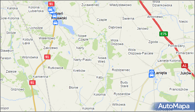 mapa Nowa Wieś gmina Lubień Kujawski, Nowa Wieś gmina Lubień Kujawski na mapie Targeo