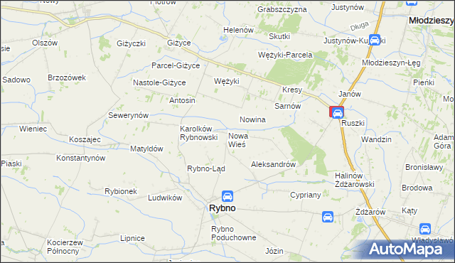 mapa Nowa Wieś gmina Rybno, Nowa Wieś gmina Rybno na mapie Targeo