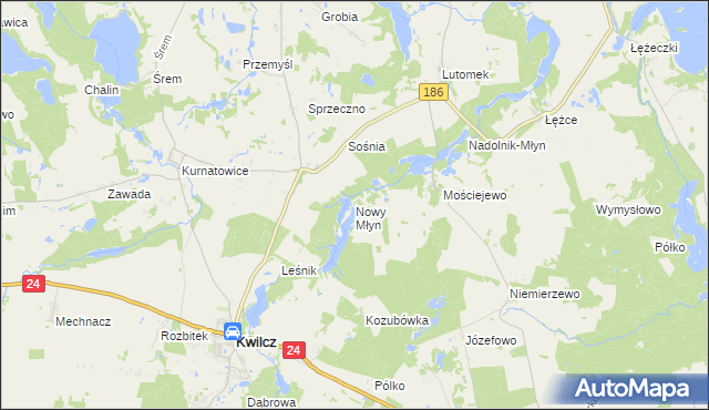 mapa Nowy Młyn gmina Kwilcz, Nowy Młyn gmina Kwilcz na mapie Targeo